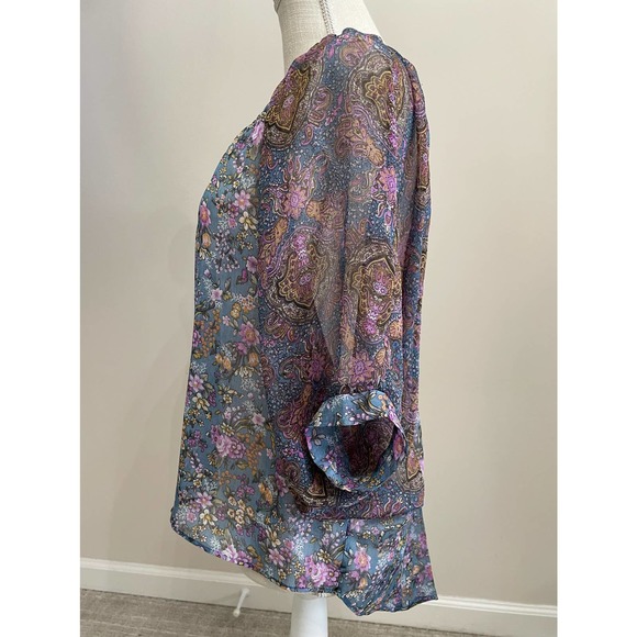 Copper Key Sheer Blouse Blue Purple Floral Flowy Shirt Sz M Kimono Sleeve - Picture 6 of 12
